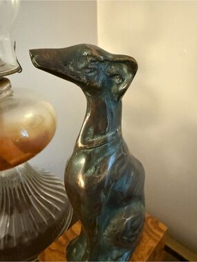 Metal Greyhound Sculpture Verdigris Pedestal